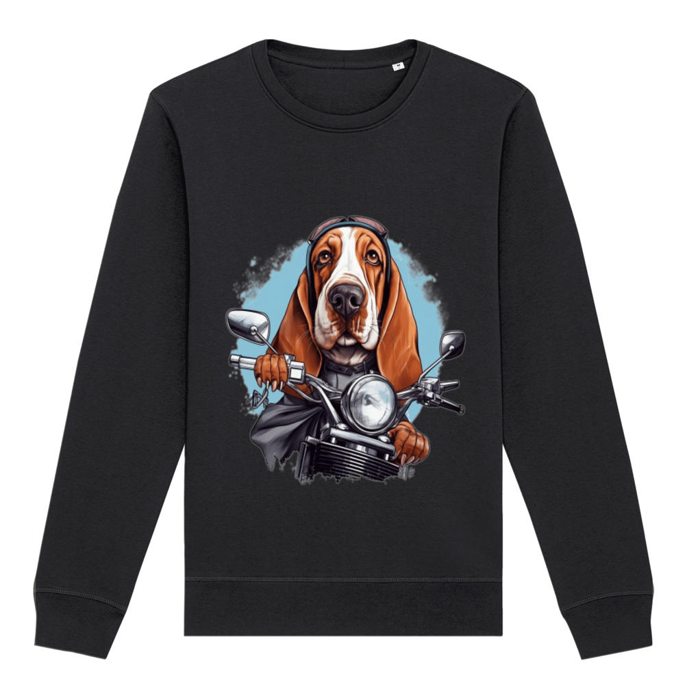 Cute dog Round Neck Crew Sweatshirt, funny puppy sweater, basset hound pullover gift, funny dog biker sweatshirt, cute puppy comfy durable cosy to the touch sweatshirt gift