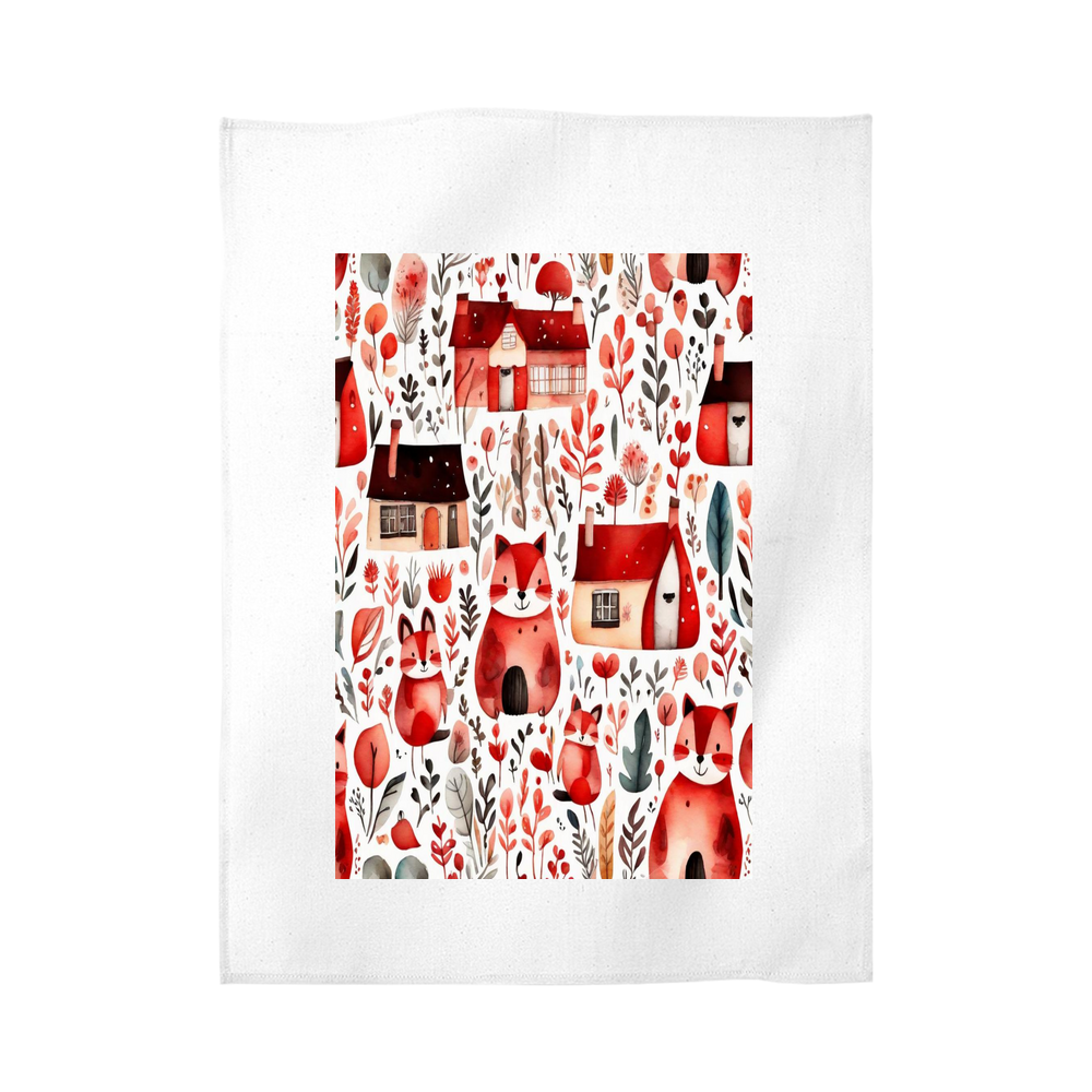 Red cottage core Tea Towel, red village pattern tea towel, red houses red animals cotton tea towel, soft eco friendly red cottage core design soft absorbent high quality tea towel gift idea