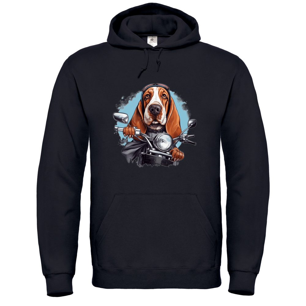 Cute dog biker Unisex Pullover Hoodie, funny basset hound dog hoodie, cute dog biker hoodie gift, basset hound driver comfy warm hoodie gift, with kangaroo pocket hoodie, durable trendy sweatshirt, cute doggy biker driving sweater, dog hoodie gift ideas