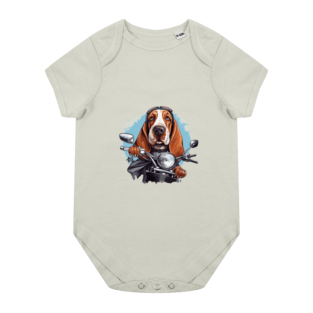 Cute dog biker baby Bodysuit, basset hound dog driver cute infant onesie, organic cotton baby one piece