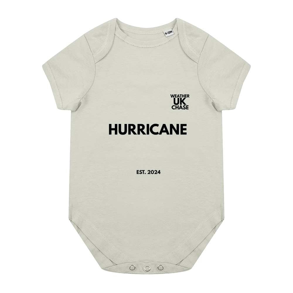Baby Bodysuit - Name personalisation in white text under “Hurricane” - Black Text