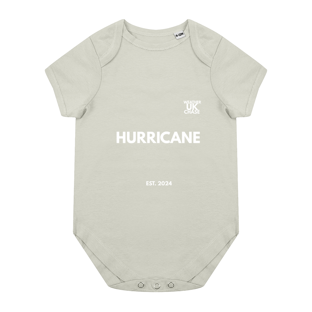 Baby Bodysuit - Name personalisation in white text under “Hurricane” - White Text