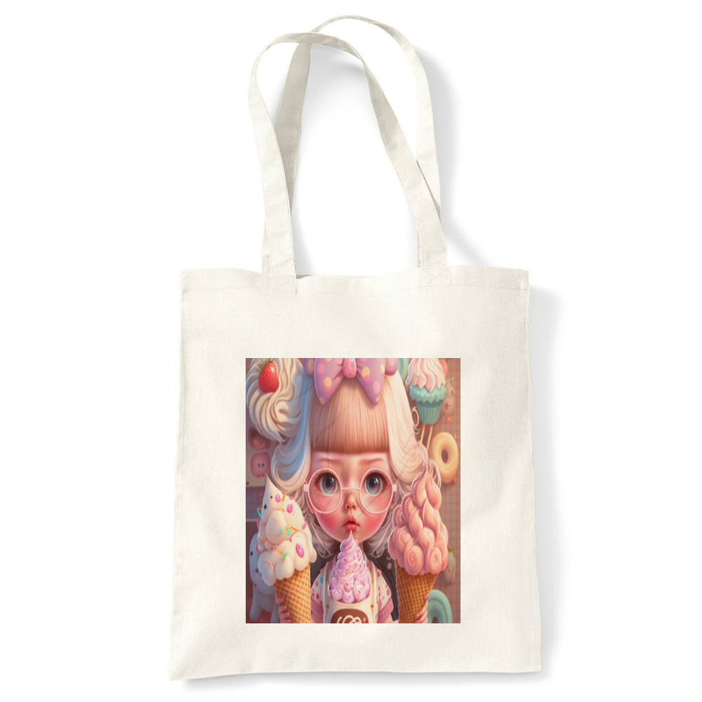 ice cream girl cotton tote bag, Kawaii candy shop girl Natural Tote Bag,Candy shop girl tote, ice cream girl tote bag, natural cotton ice cream girl tote bag gift, cute tote bag gift for her