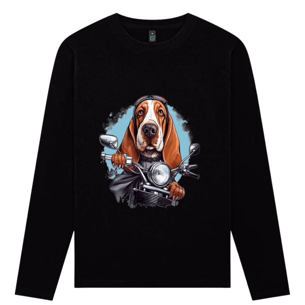 Cute dog biker Fitted Long Sleeved T-Shirt, funny basset hound dog driving top, basset hound dog comfy durable soft tee, cute puppy driver long sleeve tee gift ideas