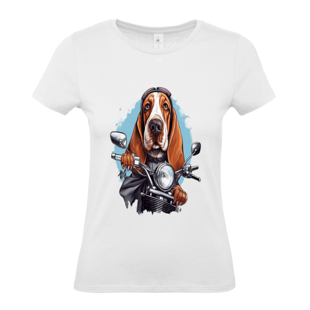 Cute dog driver Ladies Fitted T-Shirt - White, funny dog biker top, cute basset hound biker women's shirt, basset hound biker tshirt ,cool dog biker top, comfy durable top, funny dog basset hound women's tee , gift for her