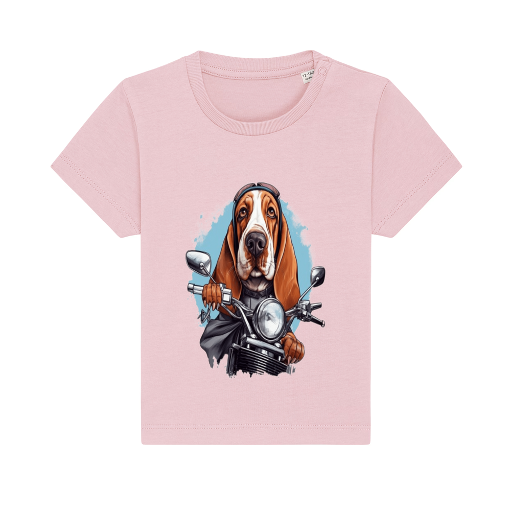 Cute dog Baby Tee, funny basset hound baby tshirt, dog biker baby top, puppy driver infant tee gift, cute basset hound stretchy durable baby shirt, dog biker eco friendly organic cotton tshirt gift idea