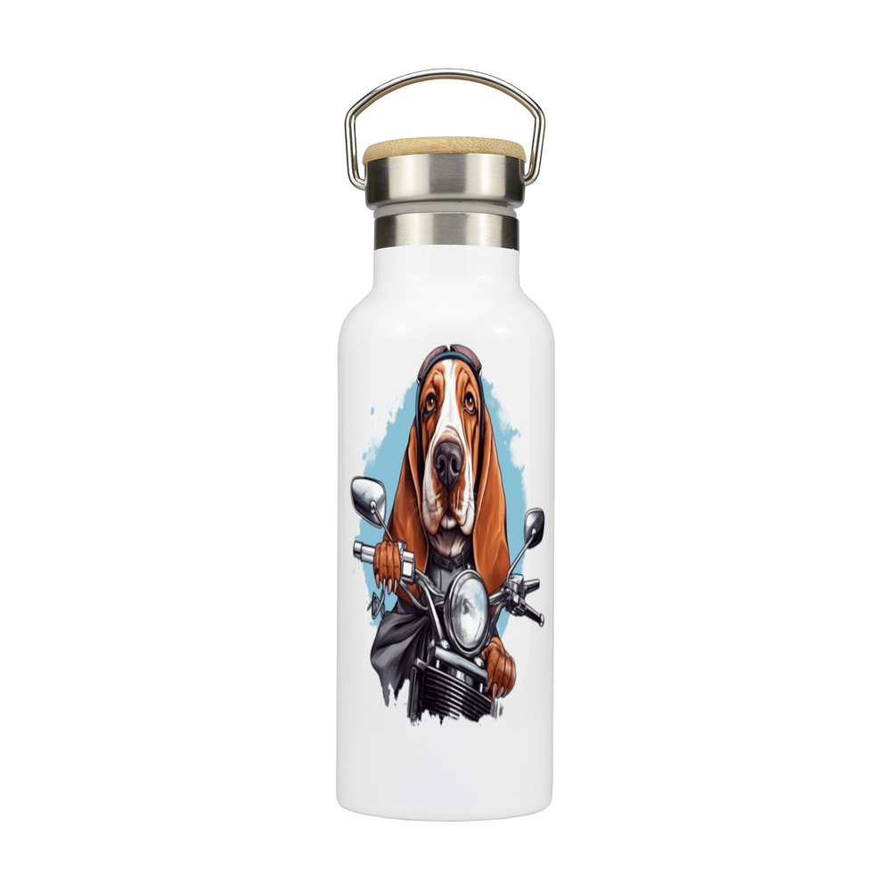 Dog biker Stainless Steel Bottle with Bamboo Lid, basset hound driver double walled metal bottle, cute dog biker bottle, basset hound funny dog stainless bottle, keeps your cold or hot beverage at the optimal temperature