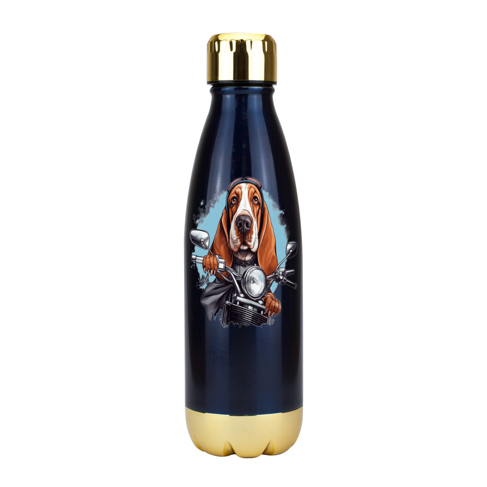 Cute dog biker Vacuum Flask - Gold Trim, basset hound driver stainless steel vacuumf lask , dog flask drinks stay hot 4 hours, funny basset hound biker flask, with a secure screy fit lid and 500ml capacity, dog biker flask gift