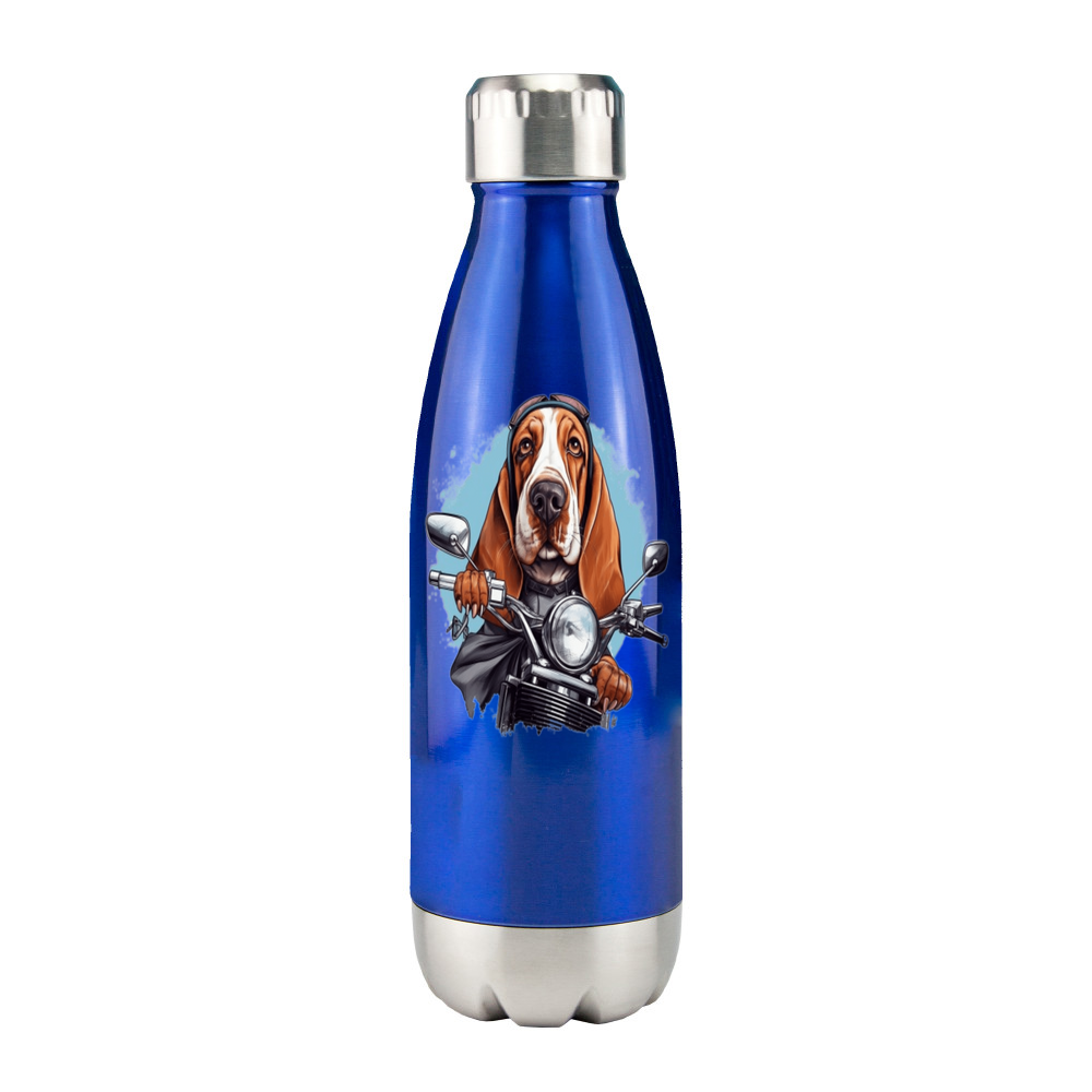 Cute dog biker Vacuum Flask - Silver Trim, funny basset hound driver dog flask, puppy biker flask, keeps your drinks hot for 4 hours and cold for 12 hours, witha secure screw-fit lid, puppy flask gift idea