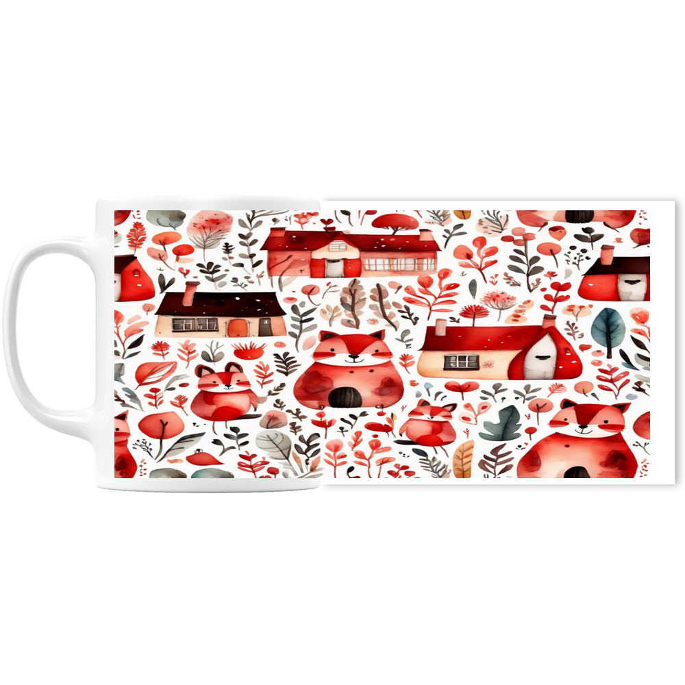 Red cottage core design Mug, red houses mug, red animals mug, red floral cottagecore mug, ceramic mug 11oz, dishwasher and microwave safe, red village mug gift